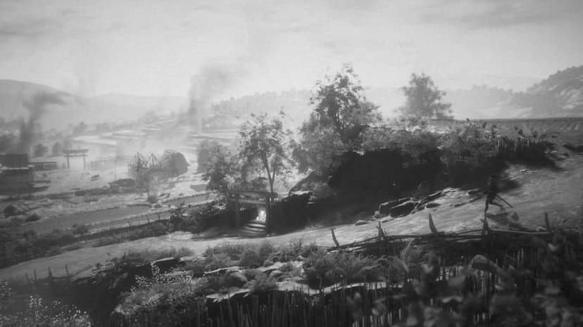 Samurai runs past a torii gate and glowing shrine in a smoke-filled black and white mountain village.