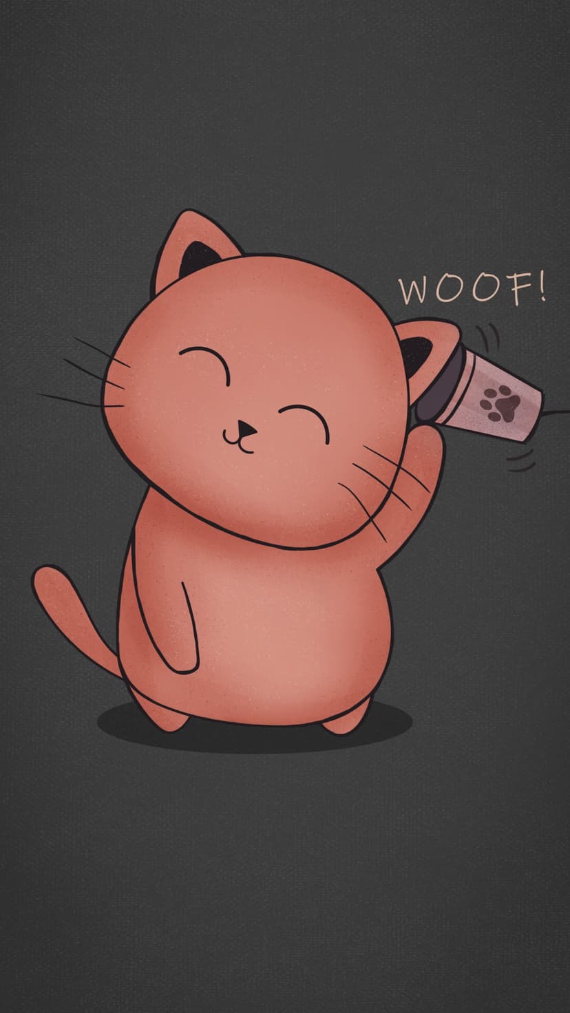 Orange tabby cat holds a white mug with a paw print to its ear against a textured dark gray background.