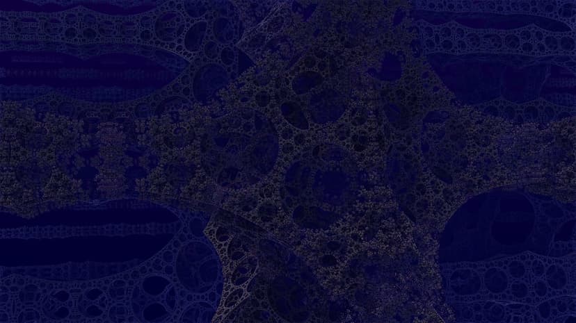 Intricate blue cellular fractal patterns with dark gray voids and organic mathematical latticework details.