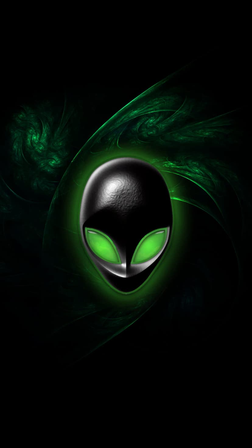 Alien head logo glowing in neon green surrounded by emerald smoke and fractal patterns on a black background.