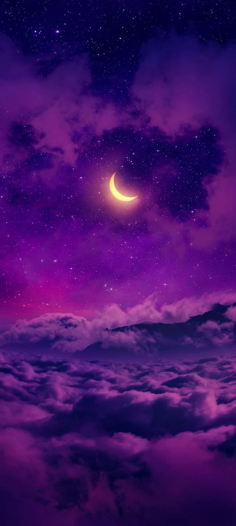 Crescent moon shines over purple clouds and silhouetted mountain peaks under a dense field of twinkling stars.