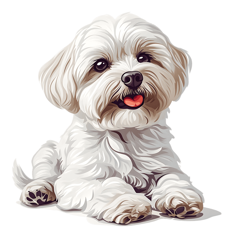 Maltese dog sitting with tongue out features fluffy white fur and dark eyes against a transparent background.