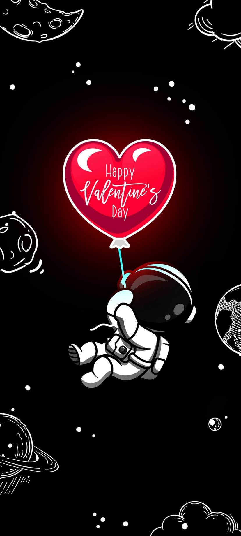 Astronaut in white gear holds a red heart balloon amidst stylized planets and stars in a dark cosmic sky.