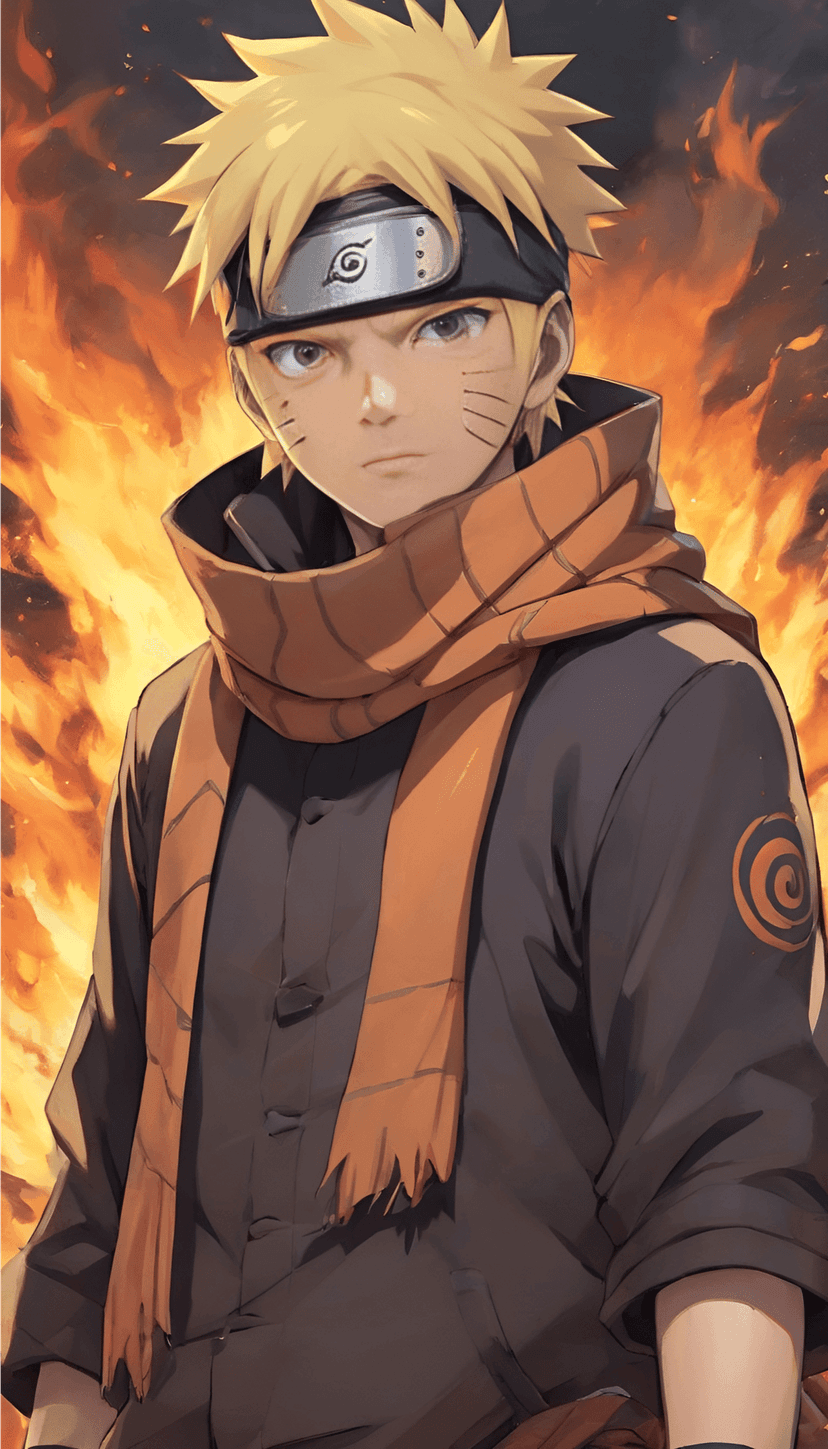 Naruto Uzumaki wearing a headband and orange scarf stands amidst vibrant orange flames and glowing embers.
