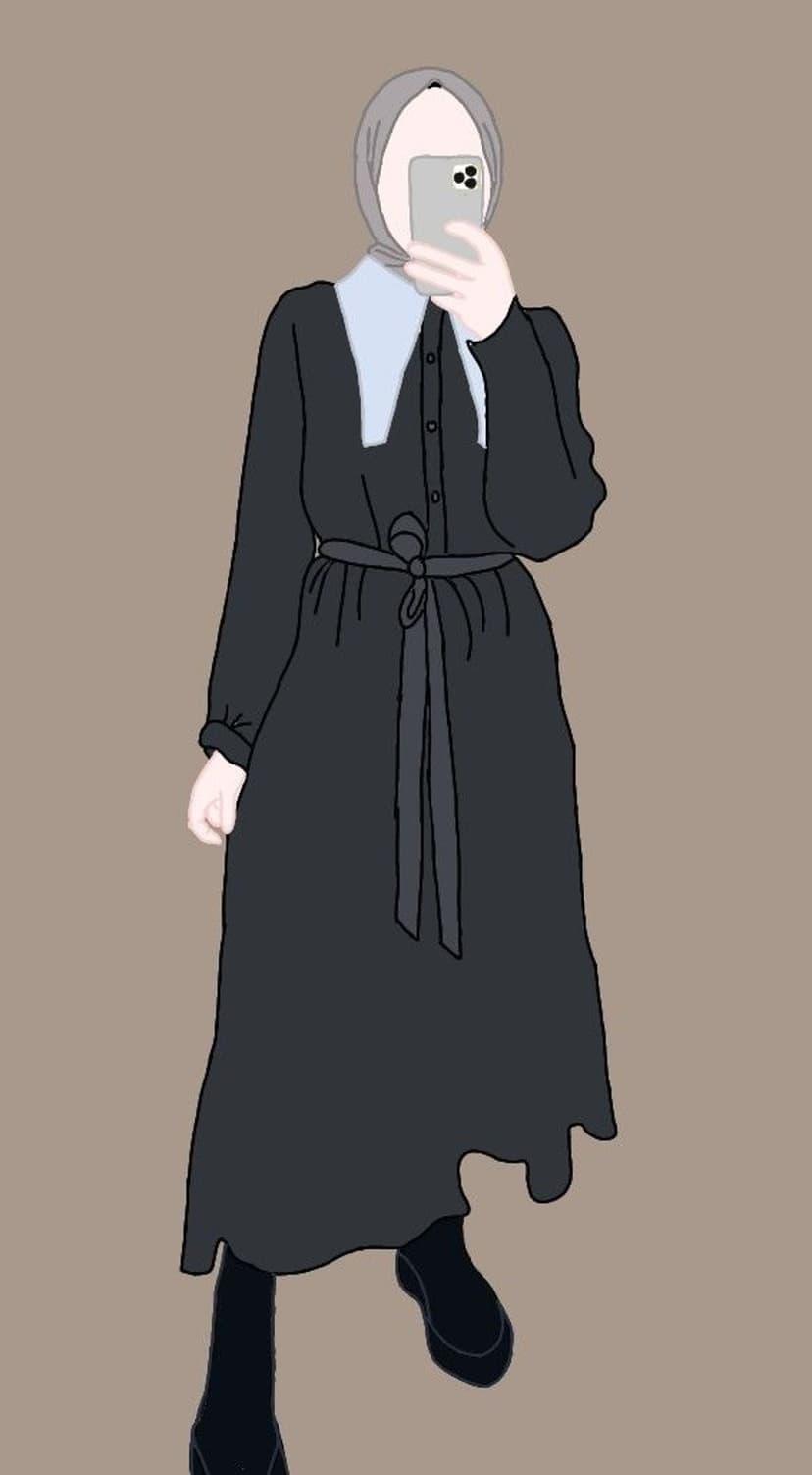 Woman in a black dress and gray hijab holds a smartphone against a plain beige background in a flat art style.