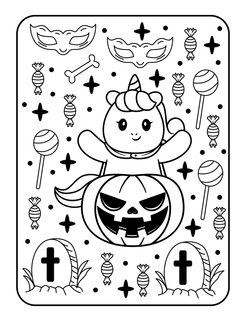 Halloween unicorn coloring page featuring a mythical creature on a carved pumpkin with tombstones and candy icons.