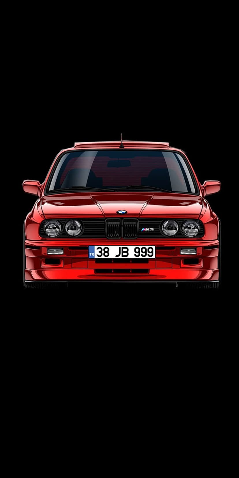 Red BMW M3 E30 sports car with quad headlights and a small license plate against a solid black background.
