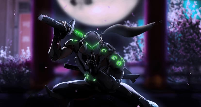 Cybernetic ninja in a low crouch holding a glowing green katana against a large full moon and cherry blossoms.