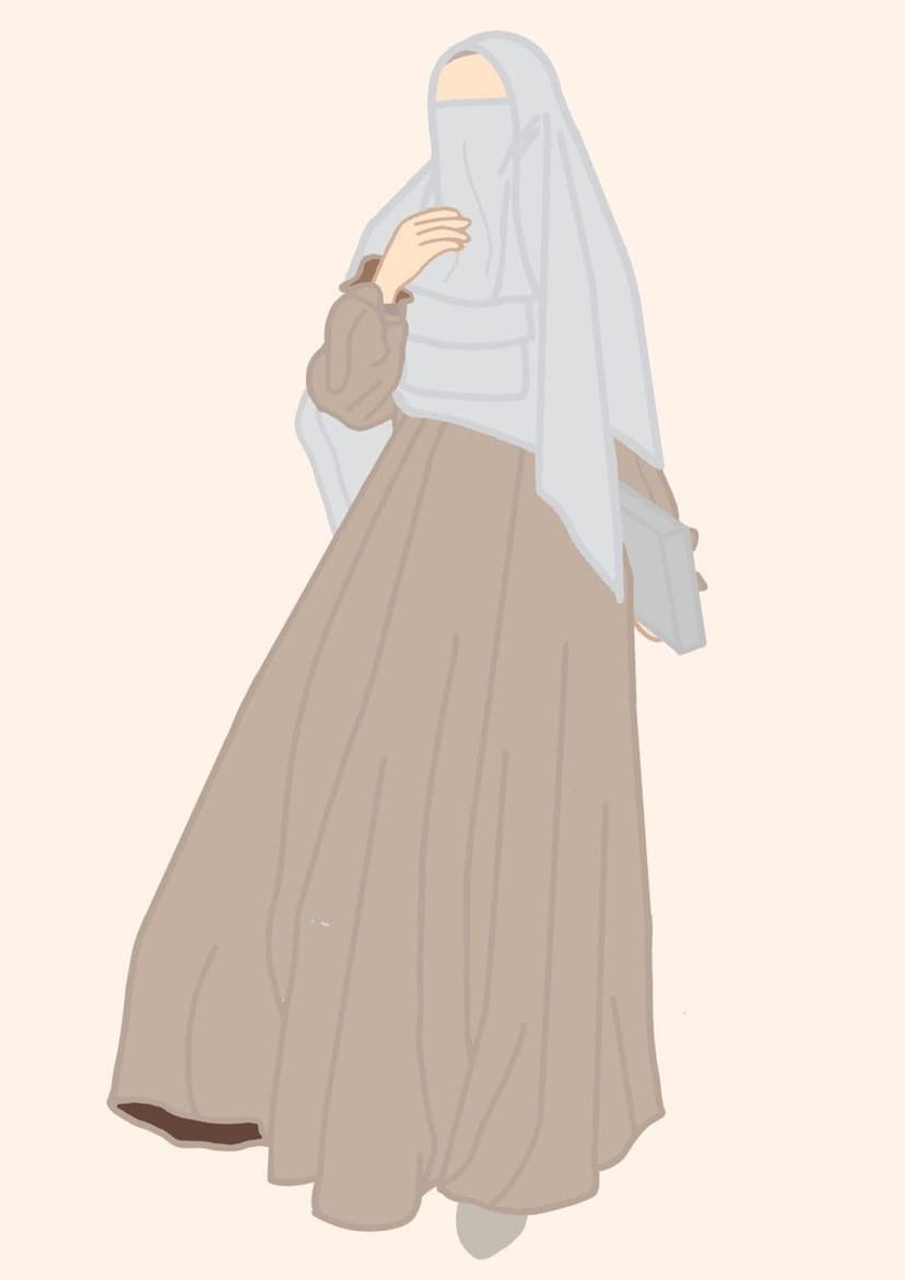 Muslim woman in a light blue hijab and brown abaya covers her face with a wide sleeve in a minimal style.