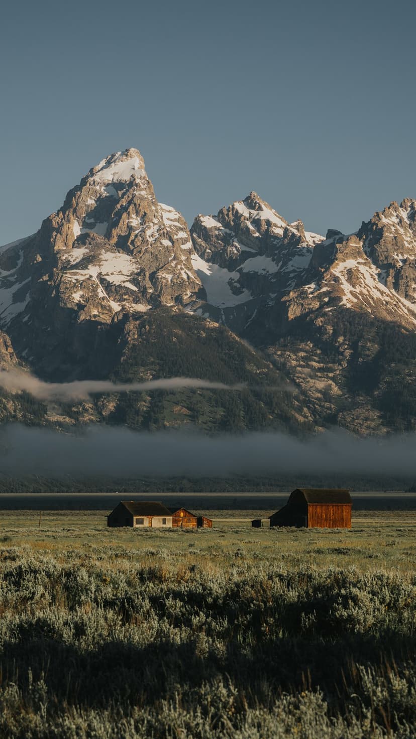 Weathered wooden barns stand in a green field before the jagged, snow-dusted peaks of the Grand Teton mountains.