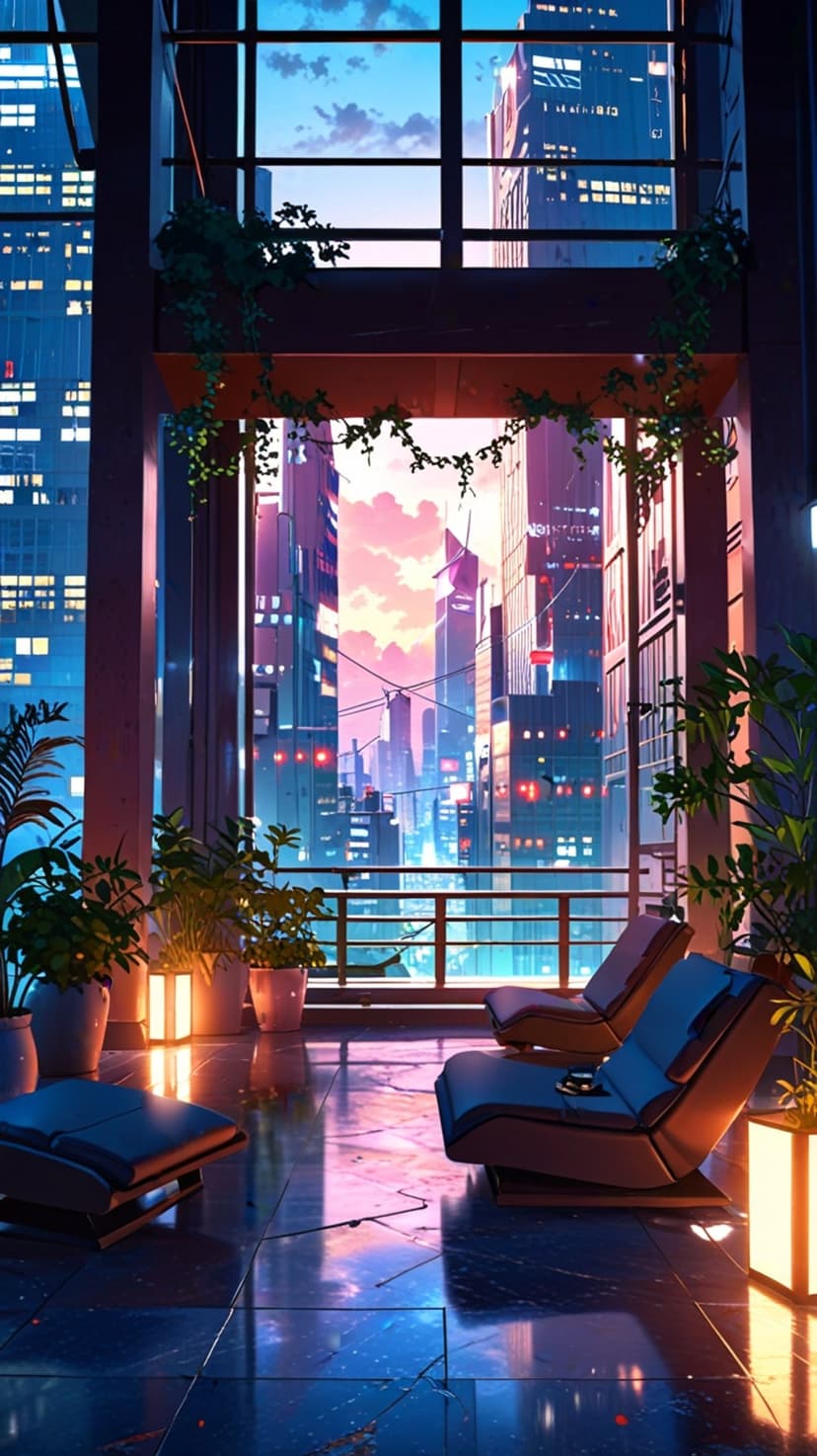 Modern lounge chairs on a high-rise balcony overlook a glowing anime city skyline at sunset with potted plants.