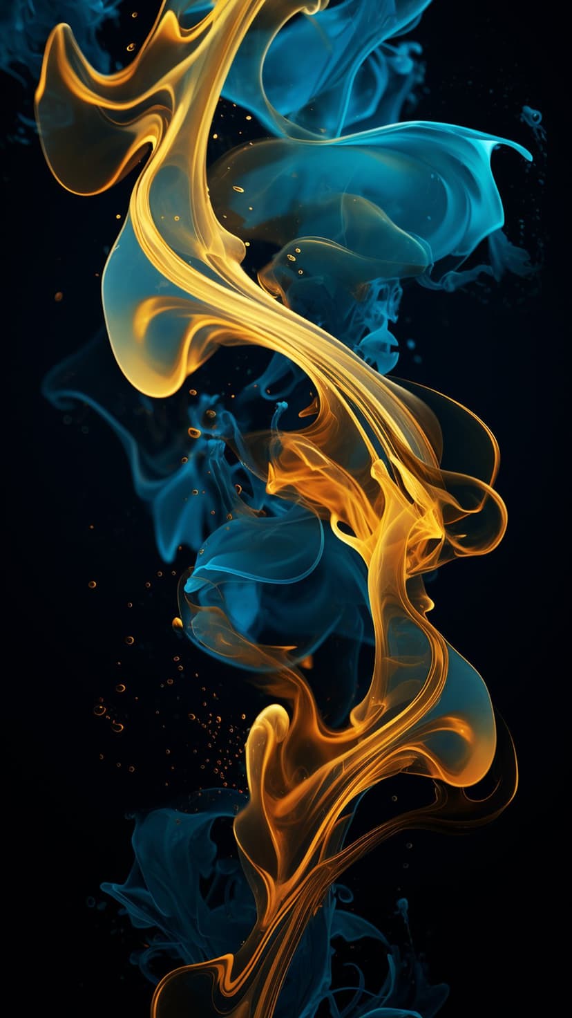 Teal and gold smoke swirls with fine sparkling particles flowing across a solid deep black background.