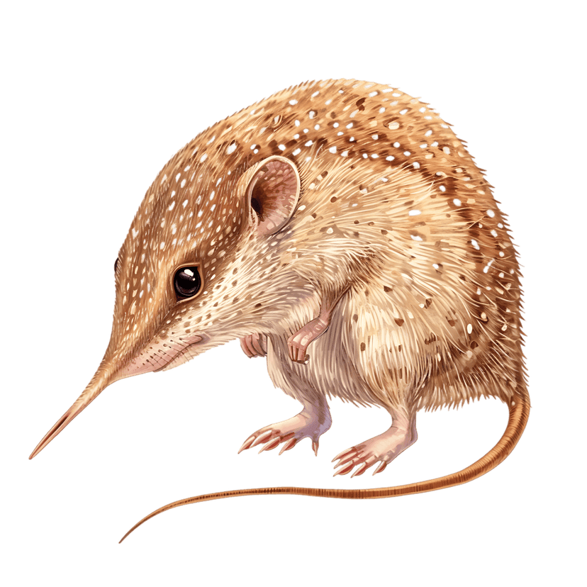 Long-snouted shrew illustration showing speckled brown fur and a pointed nose in profile on a black background.