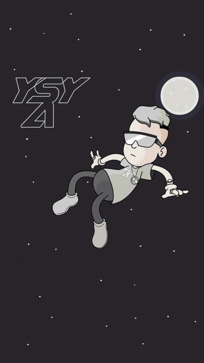 Gray-haired character with sunglasses floats in starry space before a giant moon in this vertical phone image.