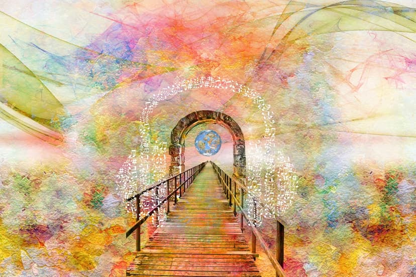Wooden staircase ascending to a glowing blue sphere inside a stone archway amidst vibrant abstract patterns.
