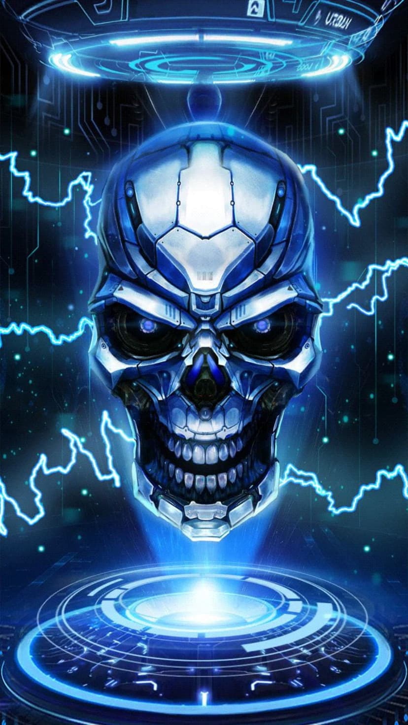 Metallic cybernetic skull with glowing blue circuitry and electric lightning bolts on a holographic platform.