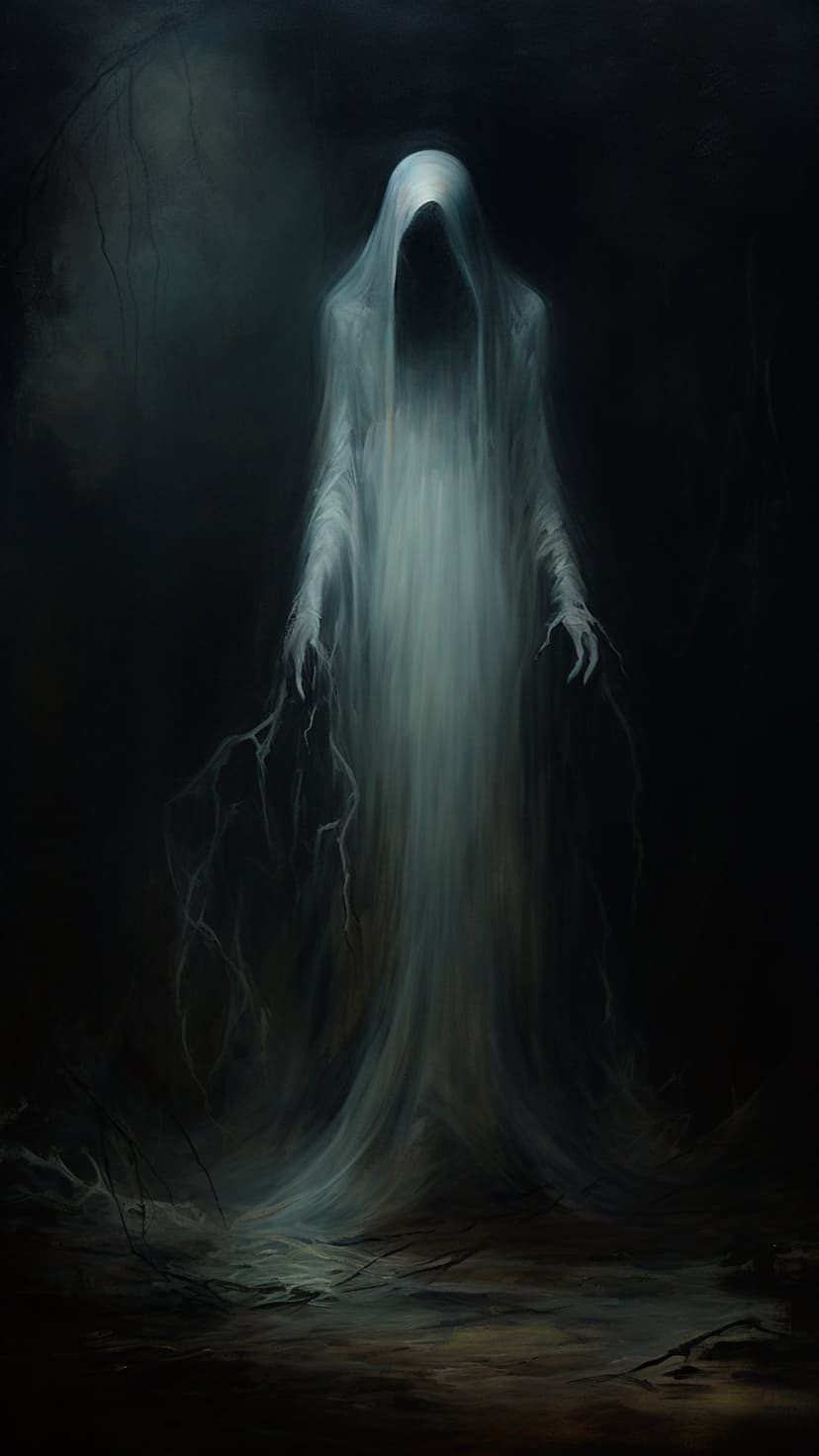 Spectral cloaked figure with translucent blue skin and elongated skeletal hands reaching out from darkness.