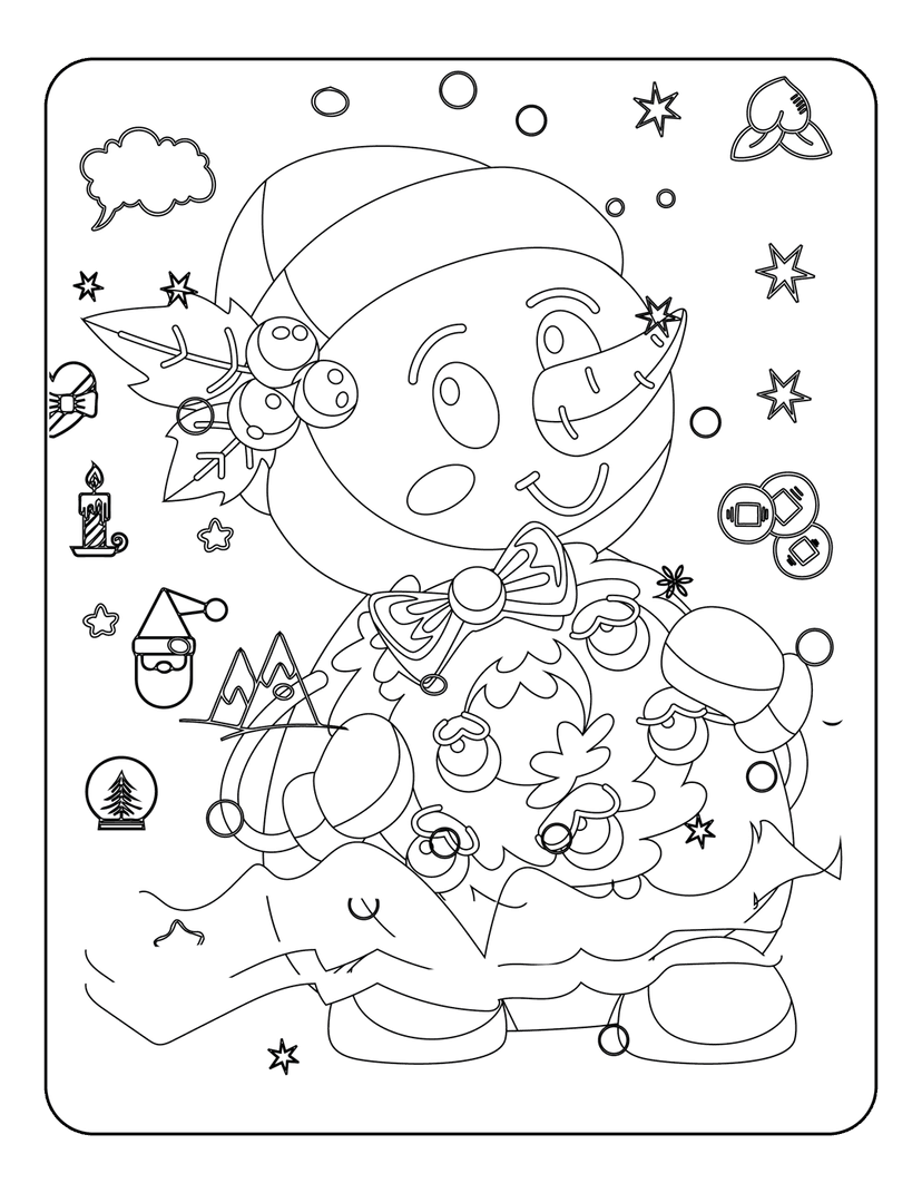 Snowman Christmas coloring page featuring a snowman in a Santa hat surrounded by holly, stars, and a snow globe.