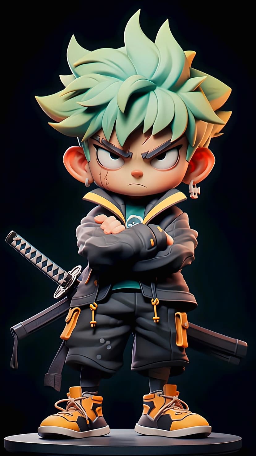 Anime boy with spiky mint-green hair and crossed arms wears a katana on his back against a dark backdrop.