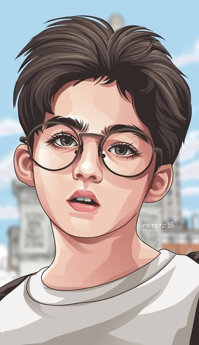 Young man with spiky brown hair and round glasses stands before a blue sky and out-of-focus city buildings.