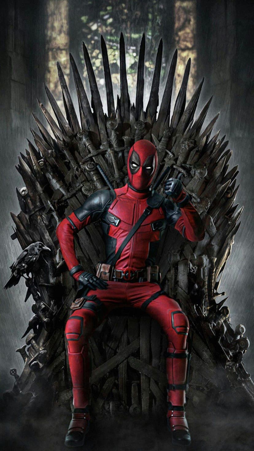 Deadpool in a red suit sits on the Iron Throne made of swords with a black raven perched on a jagged metal blade.