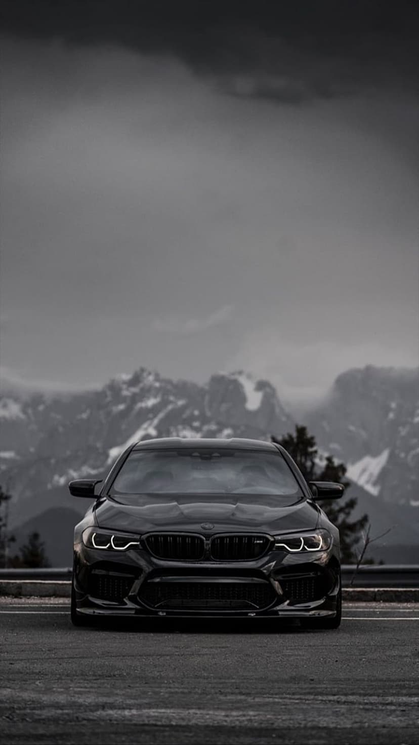 Black BMW M5 sedan with lit headlights on a mountain road before snowy peaks and a heavy, overcast sky.