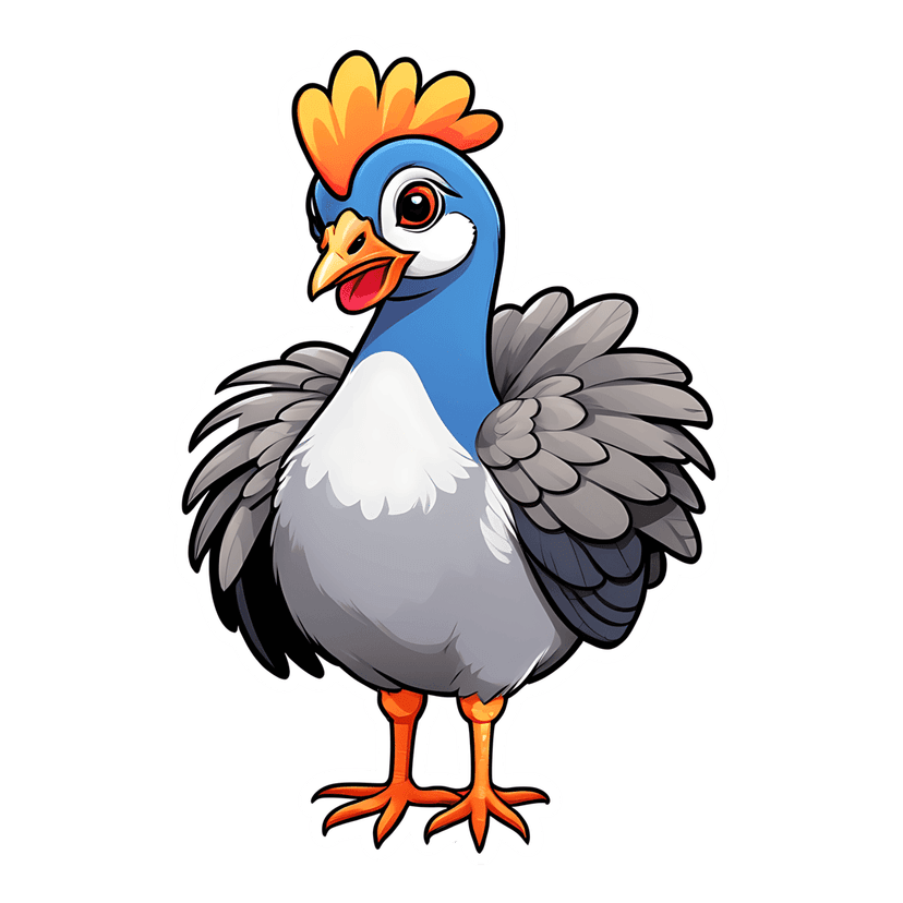 Blue bird sticker with orange crest and grey body features white borders and front-facing flat shaded style.