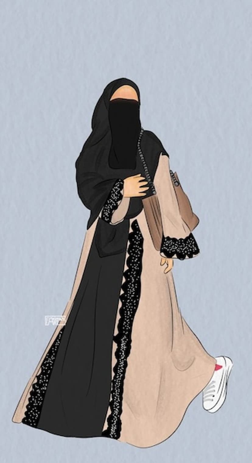 Woman in a black niqab and beige lace-trimmed abaya holds a handbag while wearing white and pink sneakers.