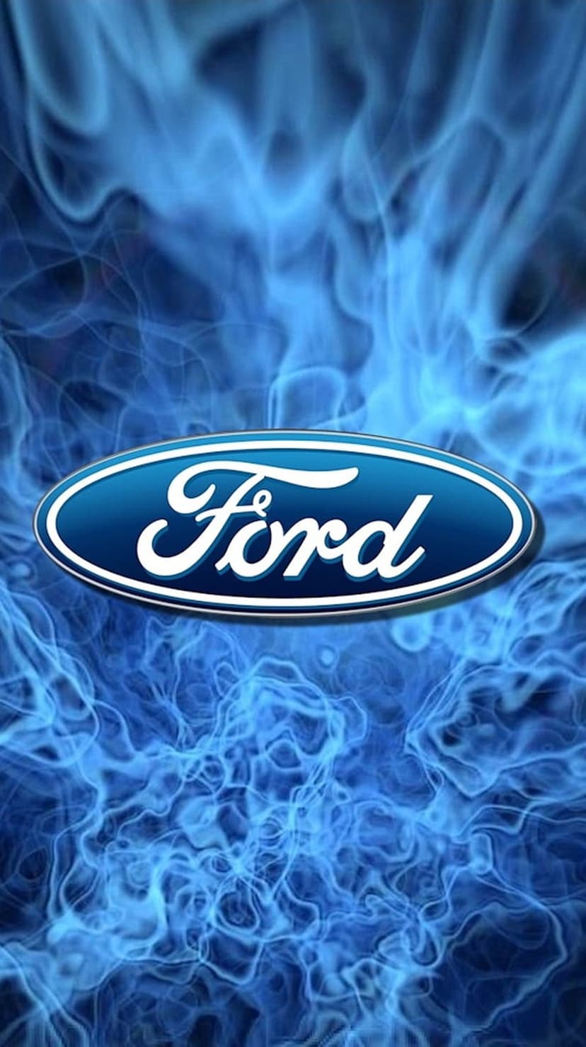 Ford logo oval centered within swirling neon blue flames and luminous sparks over a dark vertical background.