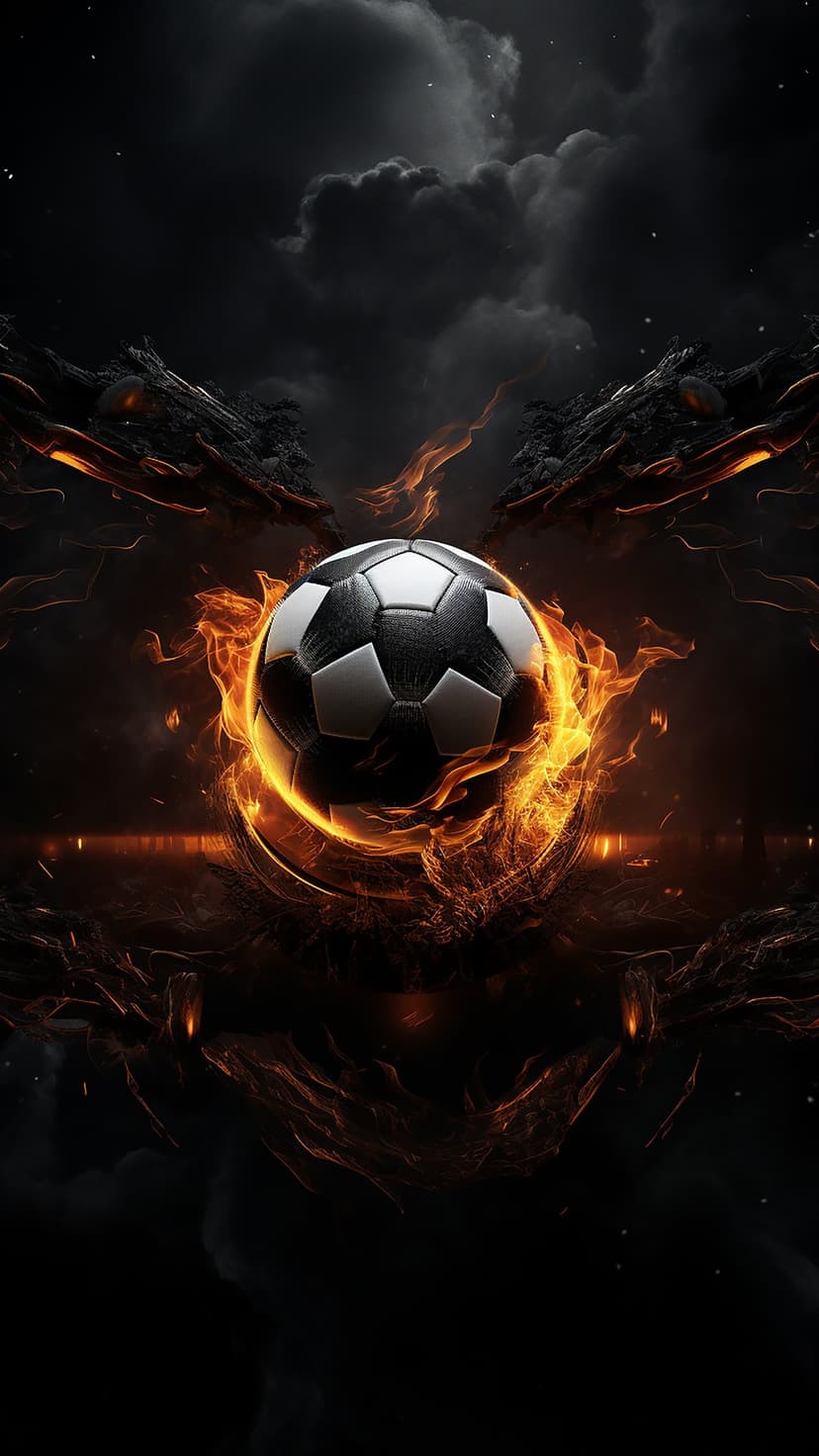 Soccer ball engulfed in orange flames against a dark cloudy sky with stars and thick swirling smoke.
