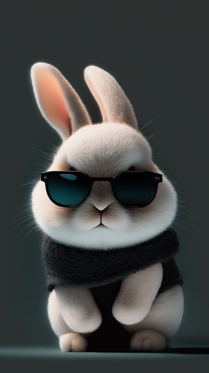 White fluffy bunny wearing blue tinted sunglasses and a black knit scarf against a dark grey background.