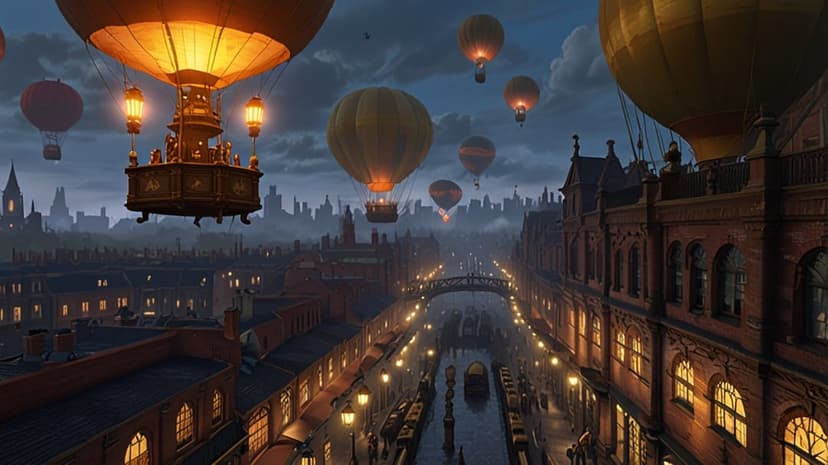 Ornate steampunk airships drift above a Victorian canal city lit by golden gas lamps during a dark night.