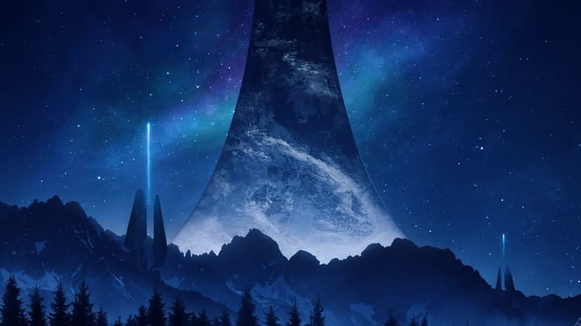 Massive ring structure rising behind mountain silhouettes into a starry blue nebula with energy beams.