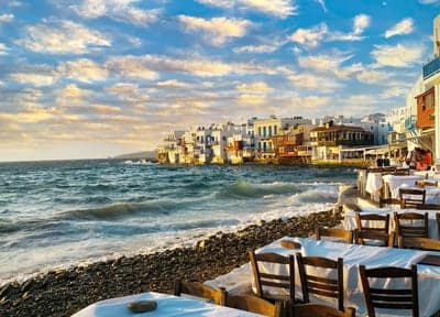 Seaside restaurant with Greek island architecture