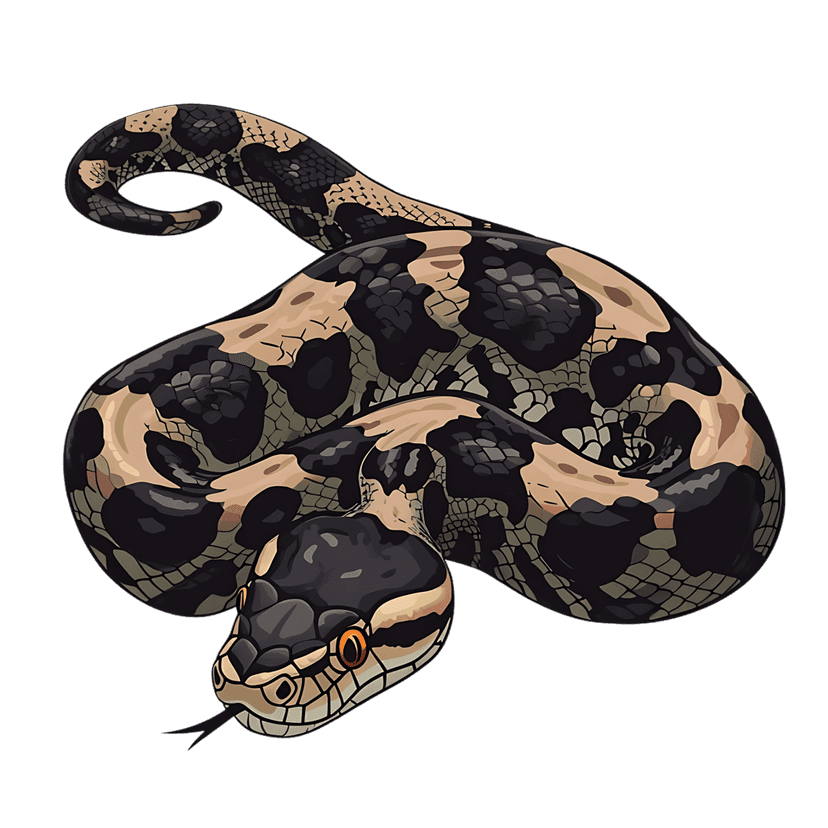 Patterned snake coiled on black background shows orange eyes, forked tongue, and detailed brown camouflaged scales.