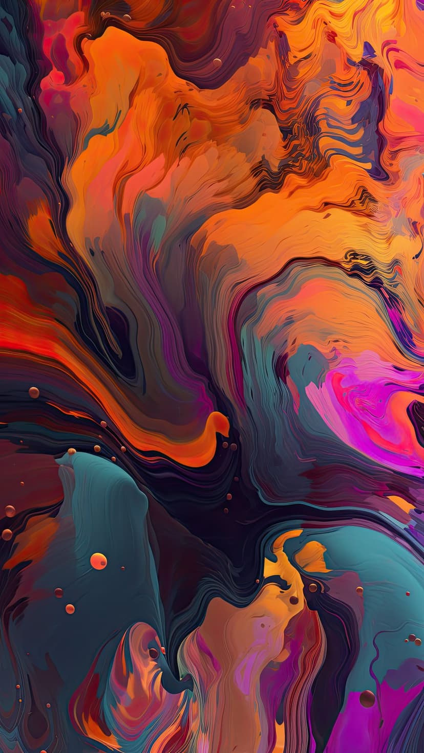 Swirling orange and teal paint layers with glossy orbs create a dynamic fluid pattern in a vertical composition.
