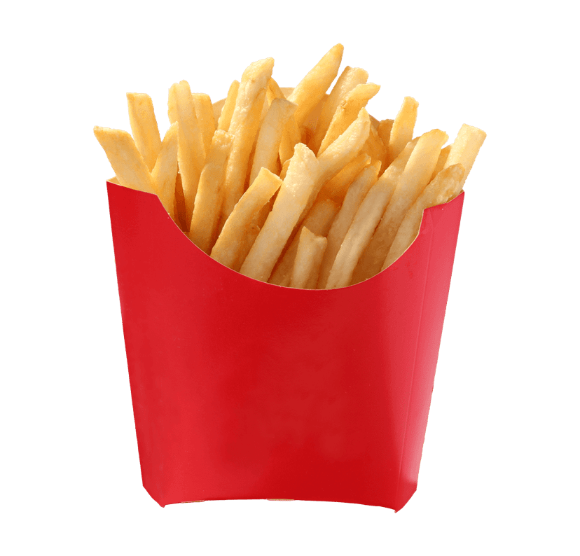 Crispy golden French fries inside a vibrant red paper sachet with visible salt textures and soft lighting.