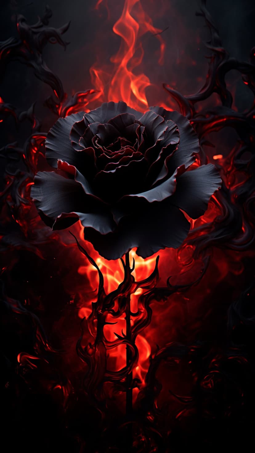 Black rose with thorny vines centers against a background of intense swirling red and orange fire and embers.