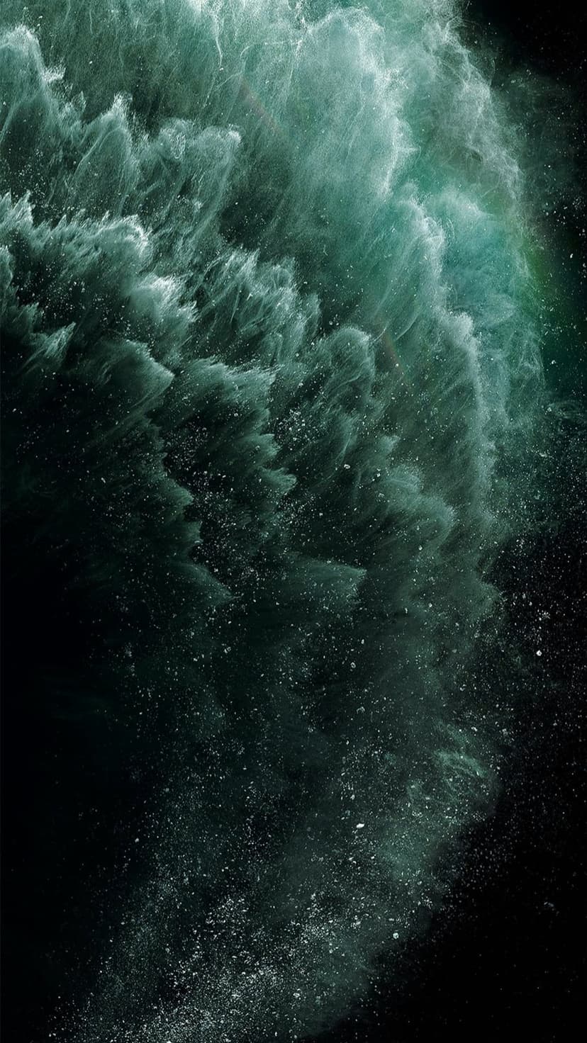Teal and emerald nebula swirls with white particles over a black background for a vertical mobile display.