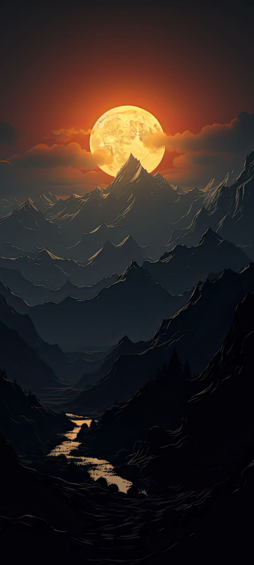 Jagged mountain peaks overlook a shimmering river reflecting a large full moon in a cloudy night sky.