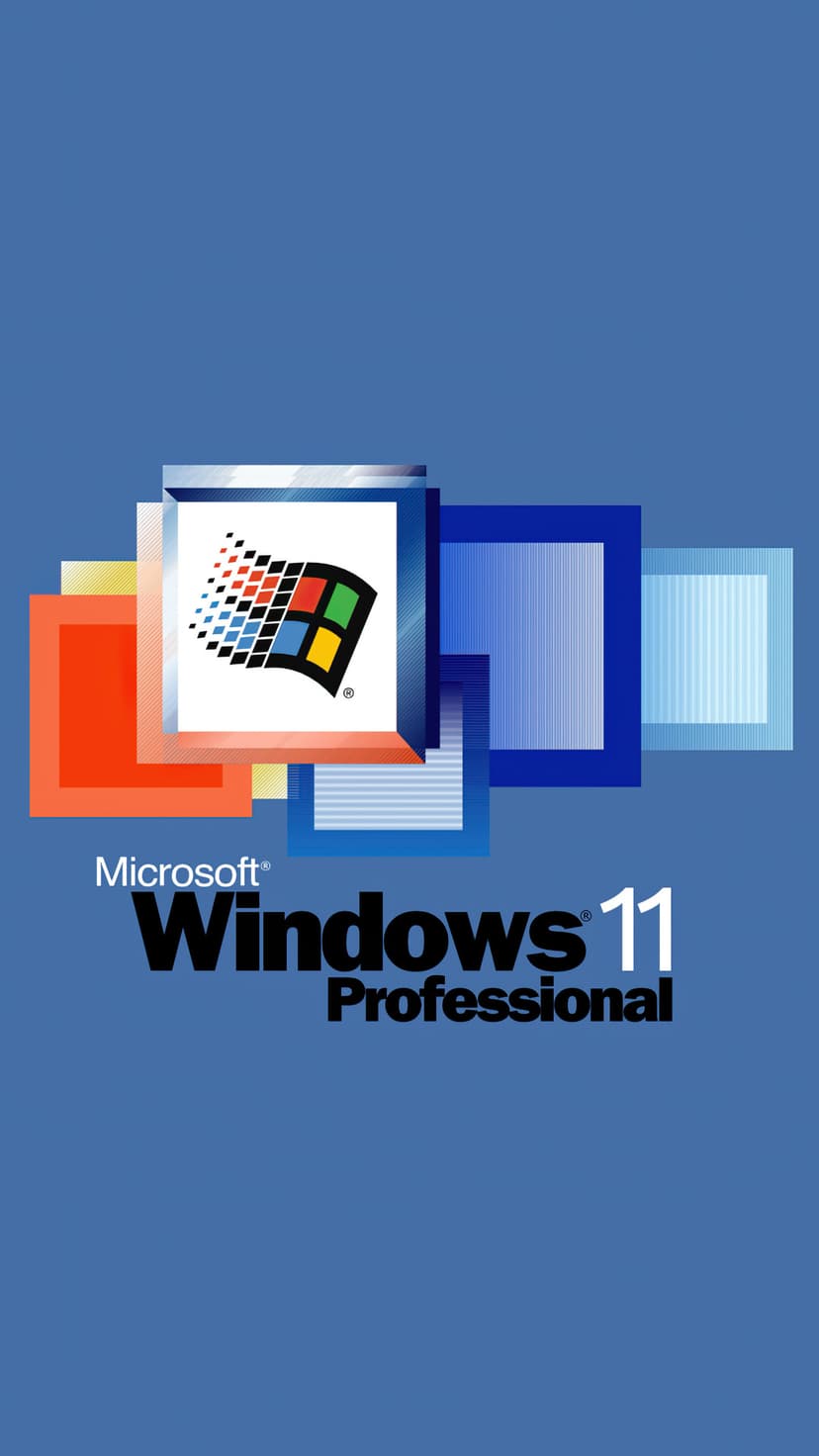 Windows 11 Professional logo with a layered square design on a solid blue background in a retro style.