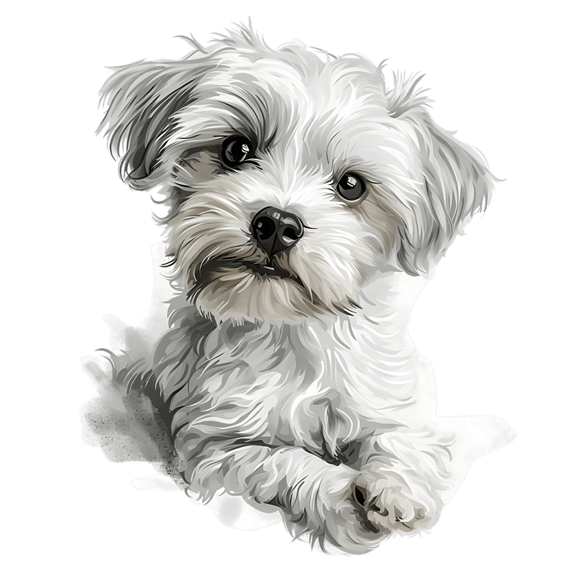 Bichon Frise dog portrait with fluffy white fur and black eyes against a dark background in painterly style.