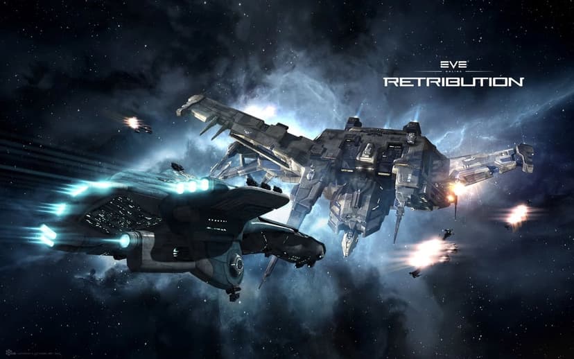 Large sci-fi spaceships with glowing blue engines fly through a dark nebula in deep space.