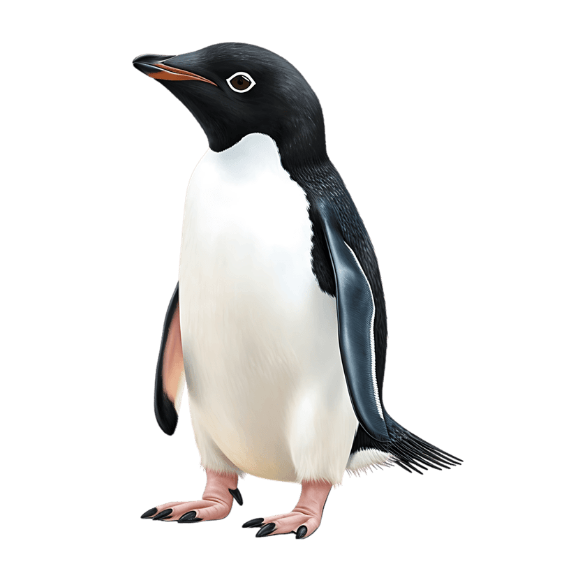 Adelie penguin stands in profile showing black plumage and orange beak against a solid dark backdrop.