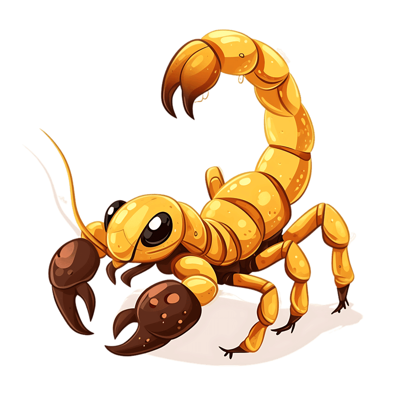 Scorpion illustration with yellow segmented body, brown claws, large eyes, and curved stinger on black background.