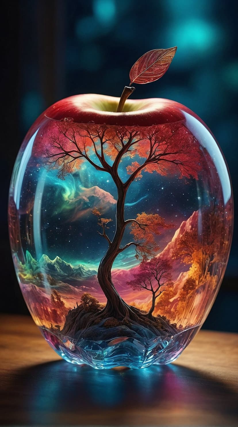 Red apple containing a miniature tree on a rocky island under a starry galaxy with glowing purple nebulae.