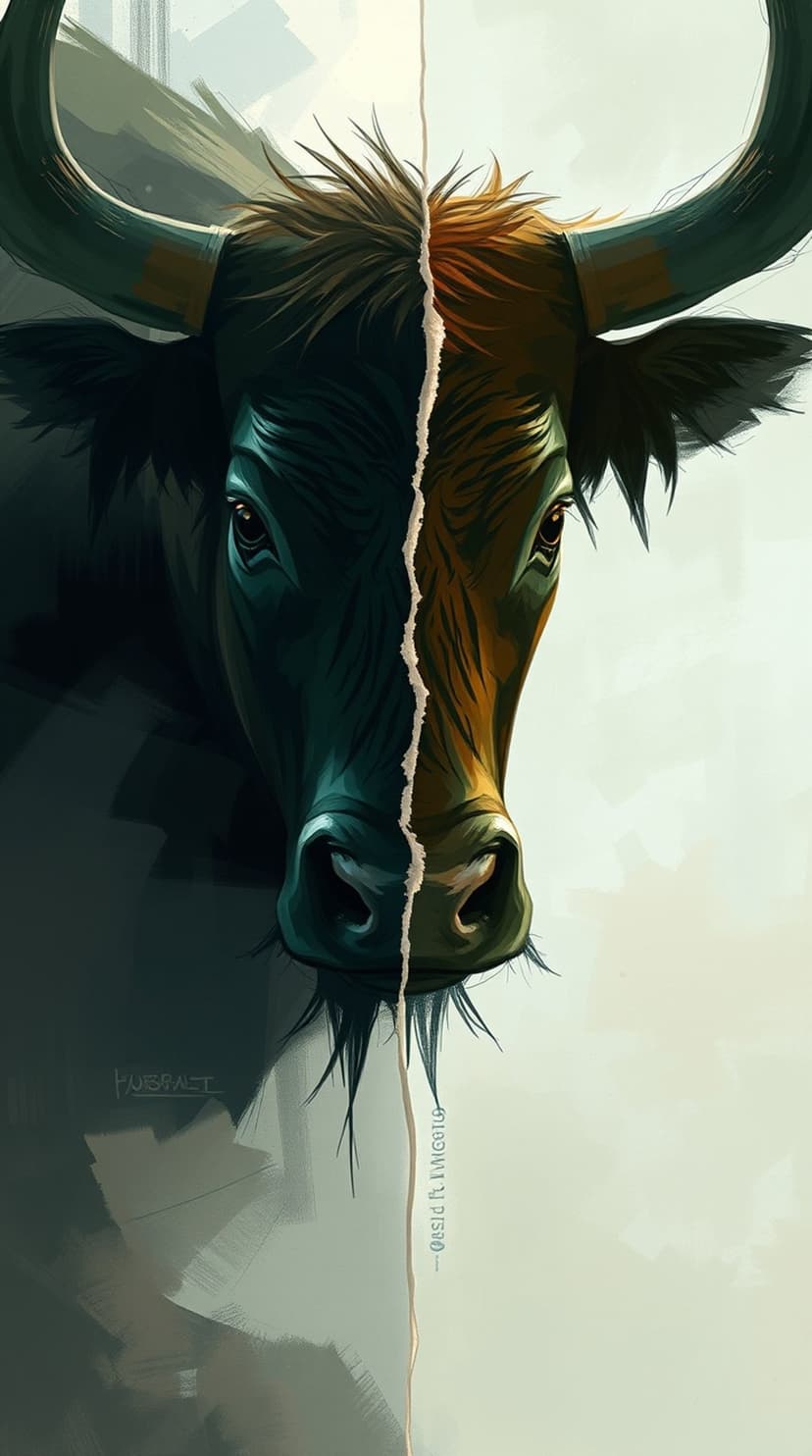 Bull face split vertically into dark and light halves with sharp horns and textured details on a neutral backdrop.