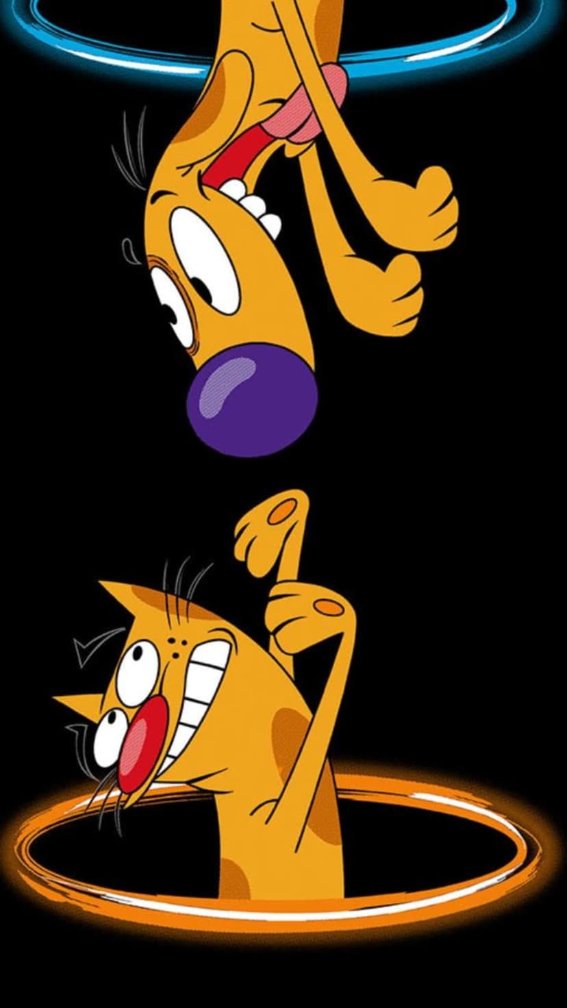 CatDog conjoined characters fall through glowing blue and orange portals with panicked facial expressions.
