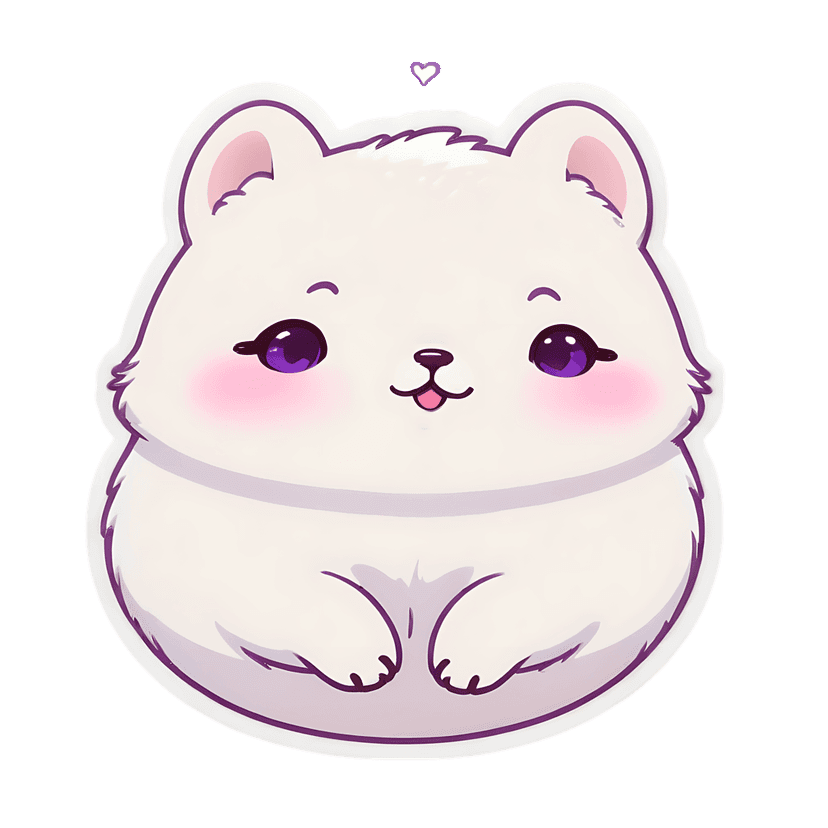 White fluffy animal sticker features large purple eyes pink cheeks and a small heart floating above its head.