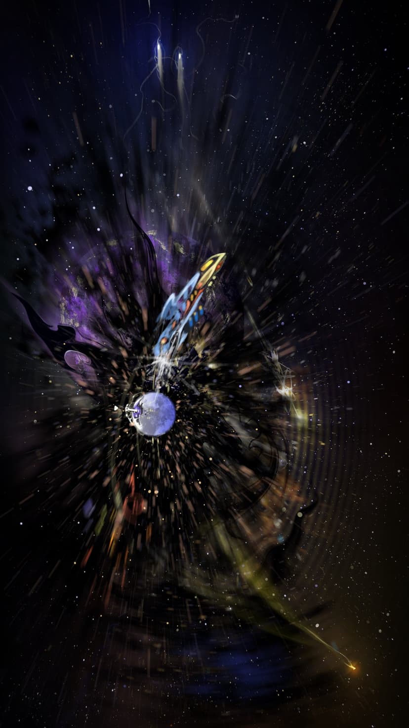 Futuristic starship with glowing lights navigates through a dense purple and pink swirling nebula with distant stars.